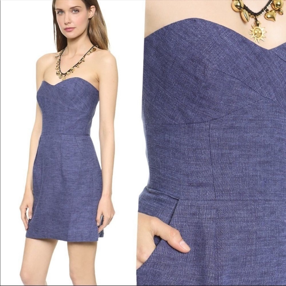 MILLY blue linen strapless mini dress